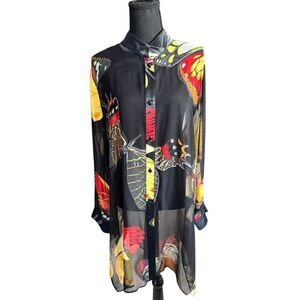 Caroline Rose Butterfly Print Sheer Tunic Black Multicolor Satin Trim Silk L Q16